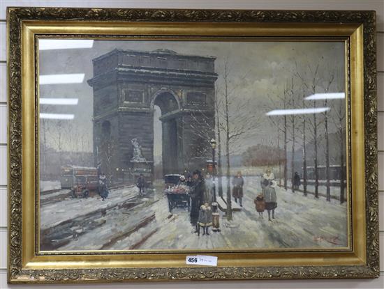 E. Peroux, oil on canvas board, Arc de Triomphe in winter, signed 51 x 75cm